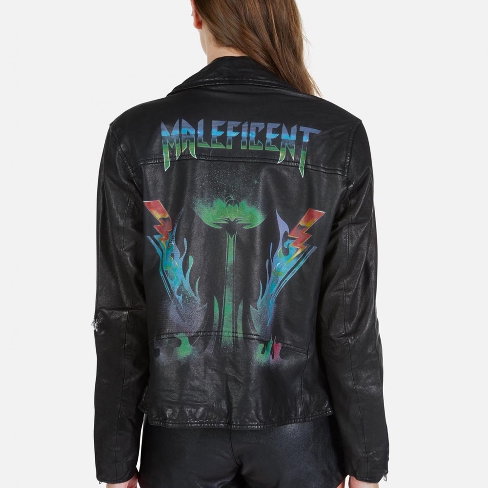 Lauren Moshi Posey Disney Maleficent Painted Back Black Lamb Leather MOTO Jacket